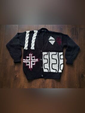 Vintage J.T. Beckett Men’s Large Black Abstract Geometric Chunky Knit Cardigan